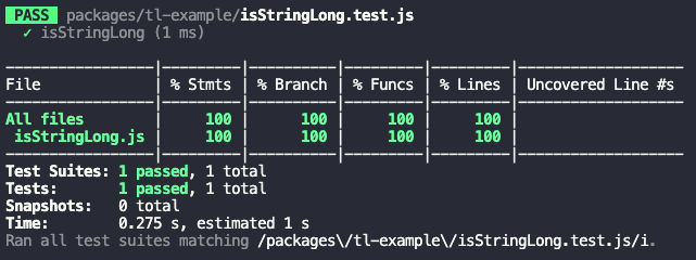 Exemplo do output da métrica com 100% de cobertura no terminal